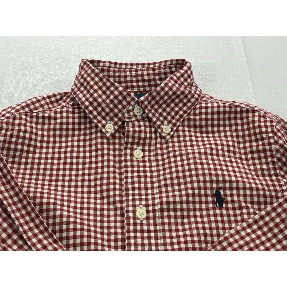 Ralph Lauren Boys Size 5 Red White Gingham Button Down Long Sleeve Cotton Shirt